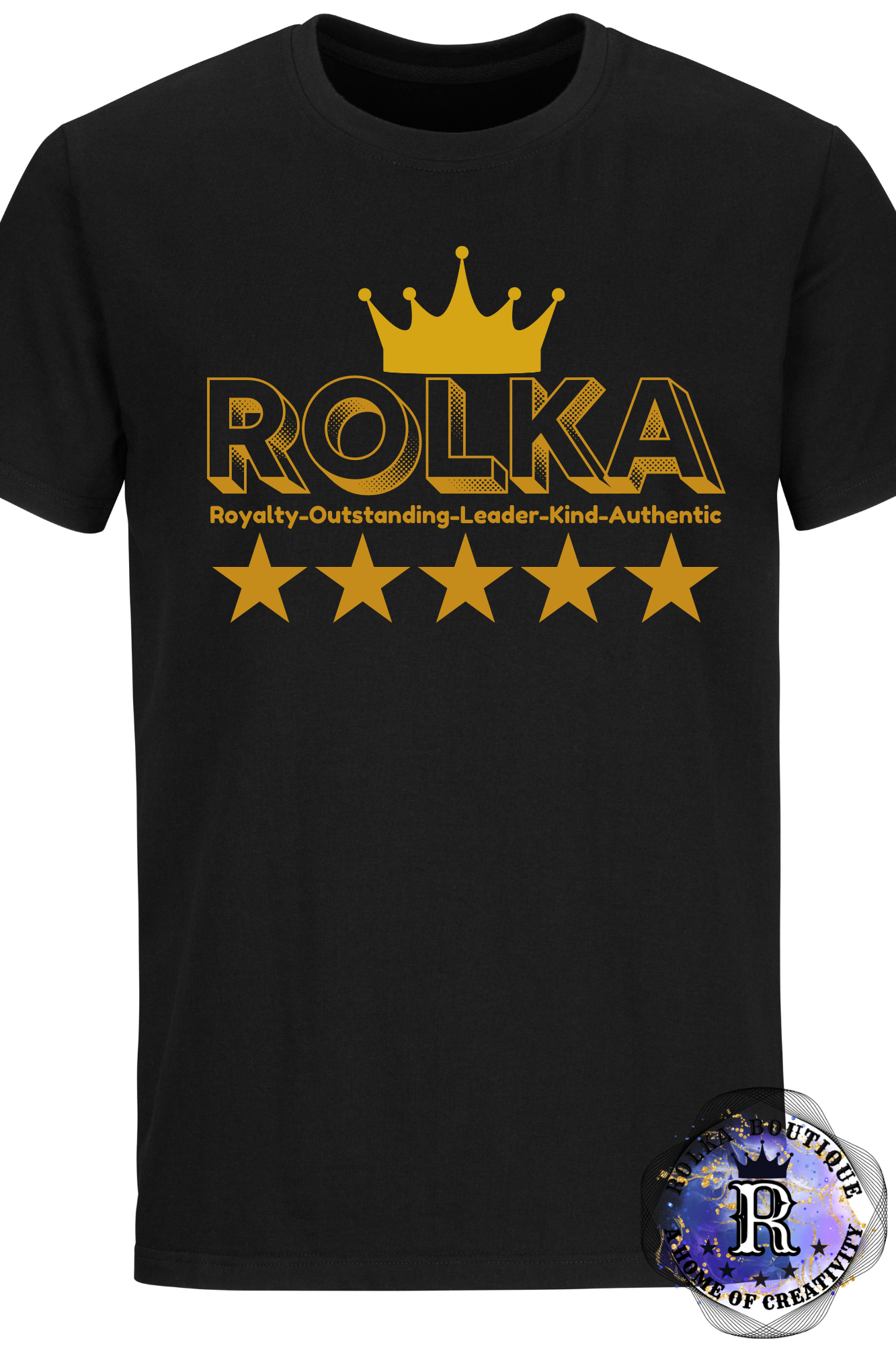 Black t-shirt with gold 'ROLKA' logo and text on a white background