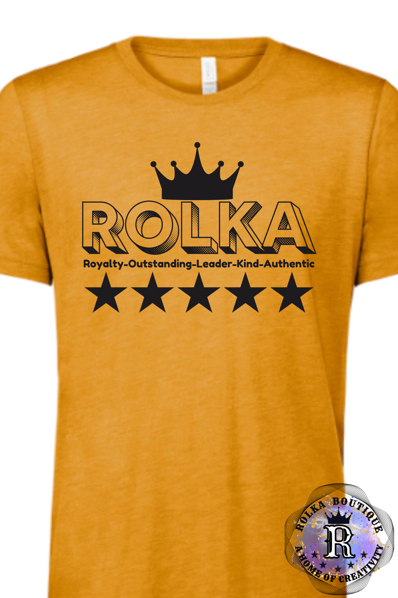 Mustard yellow t-shirt with black text and stars on a white background