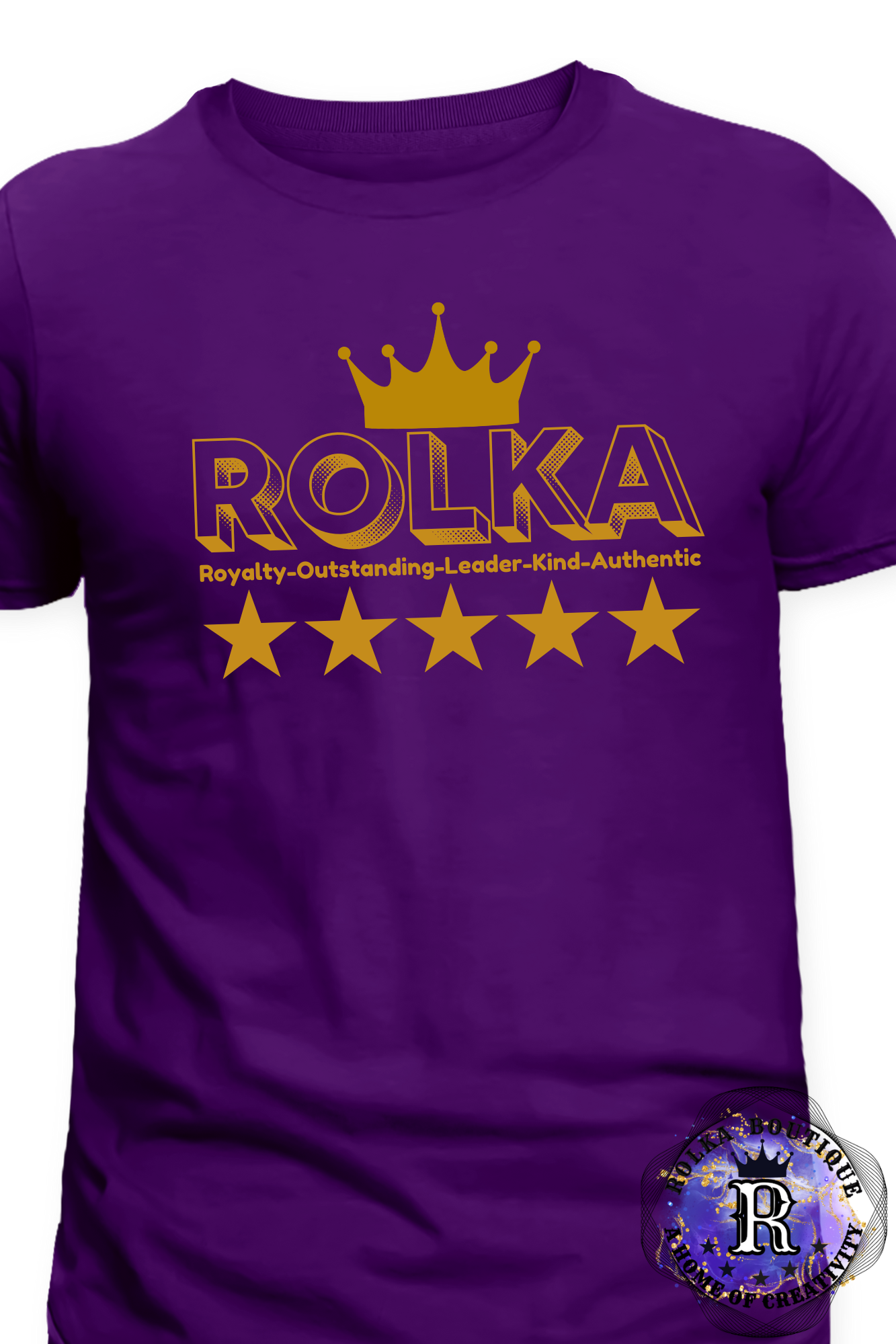 Purple t-shirt with gold 'ROLKA' logo and text on a white background