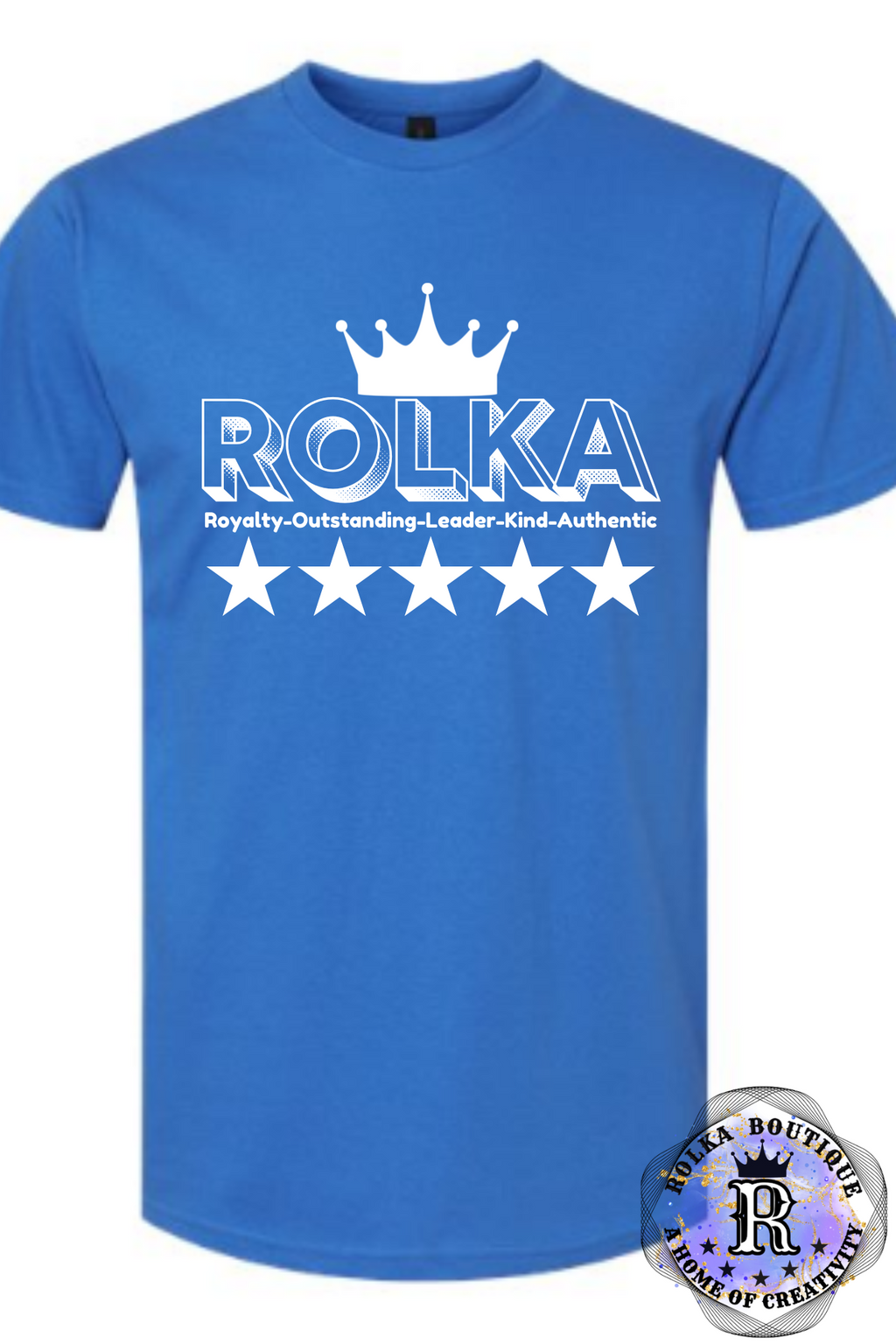 Blue t-shirt with white 'ROLKA' logo and text on a white background