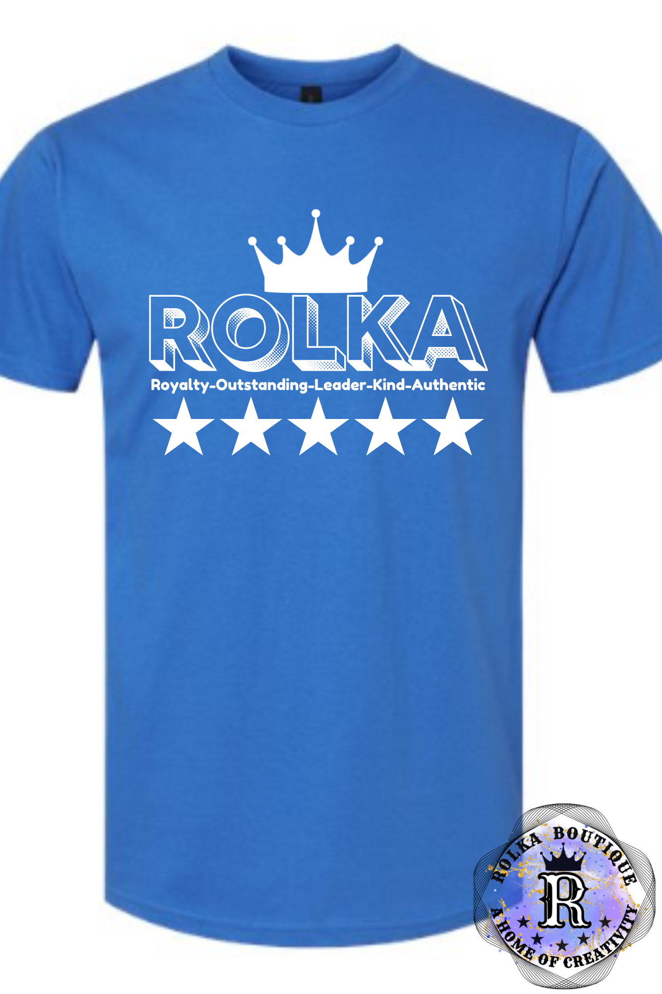 Blue t-shirt with white 'ROLKA' logo and text on a white background