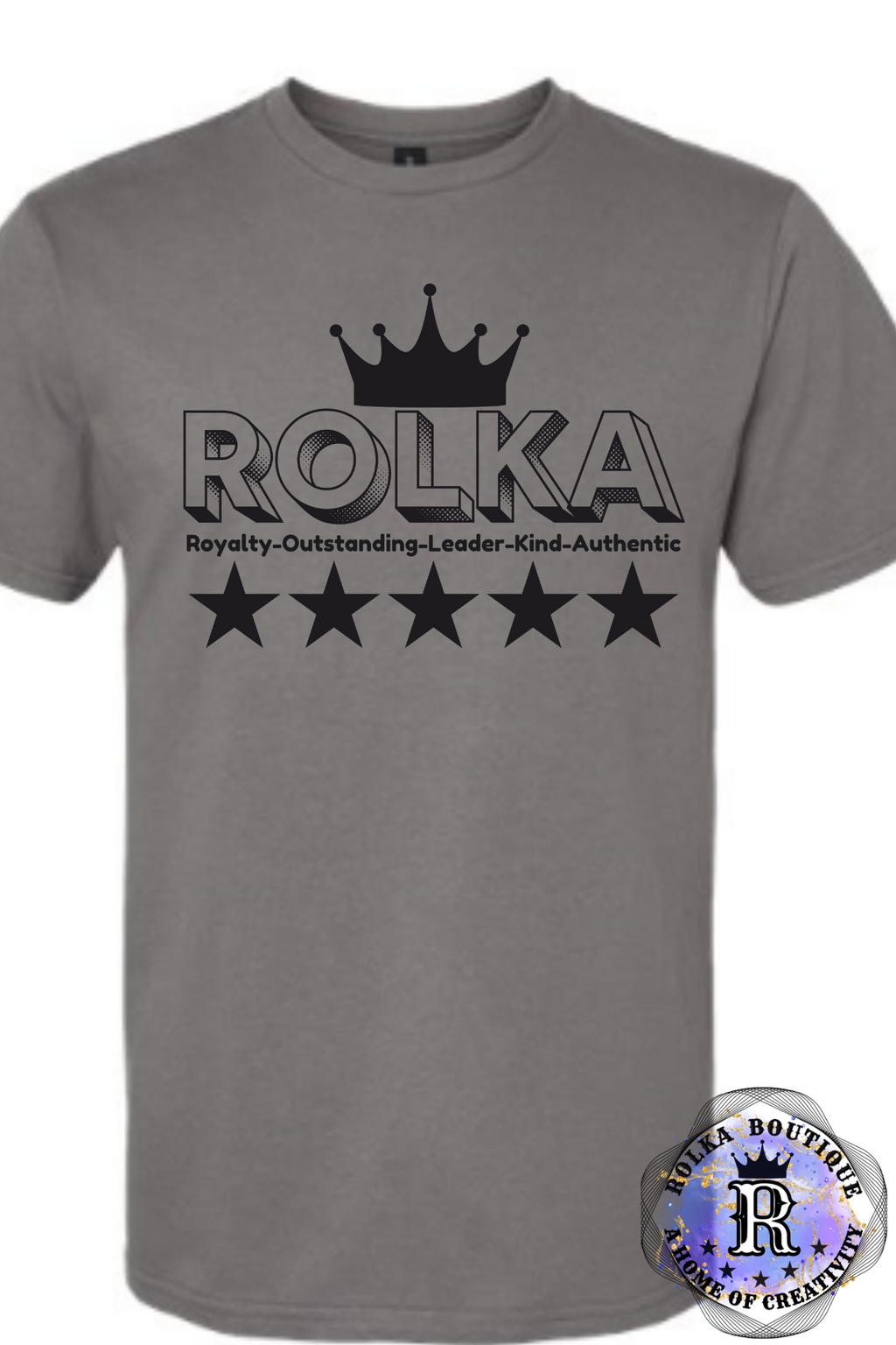 Gray t-shirt with 'ROLKA' logo and text on a white background