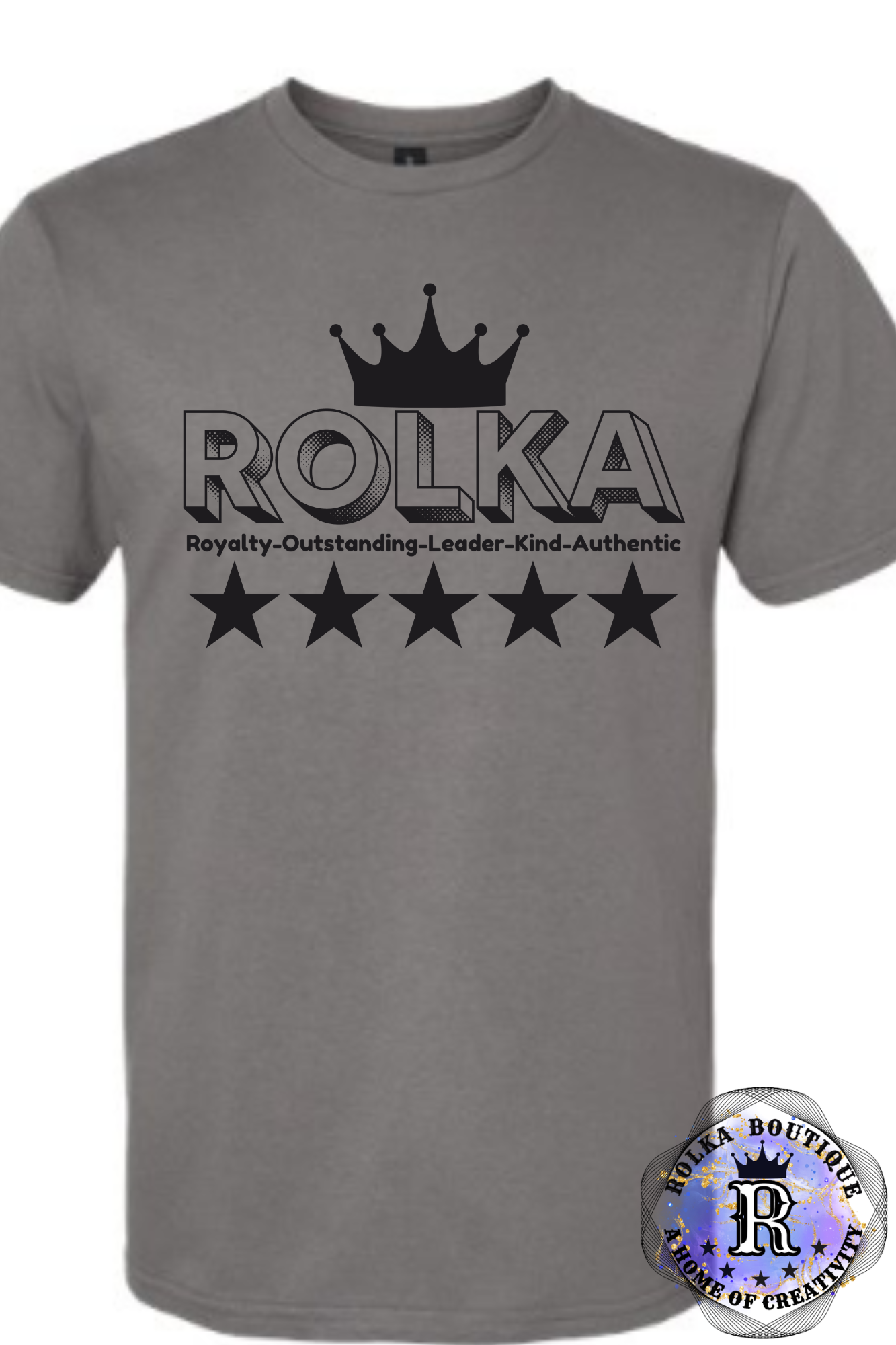 Gray t-shirt with 'ROLKA' logo and text on a white background