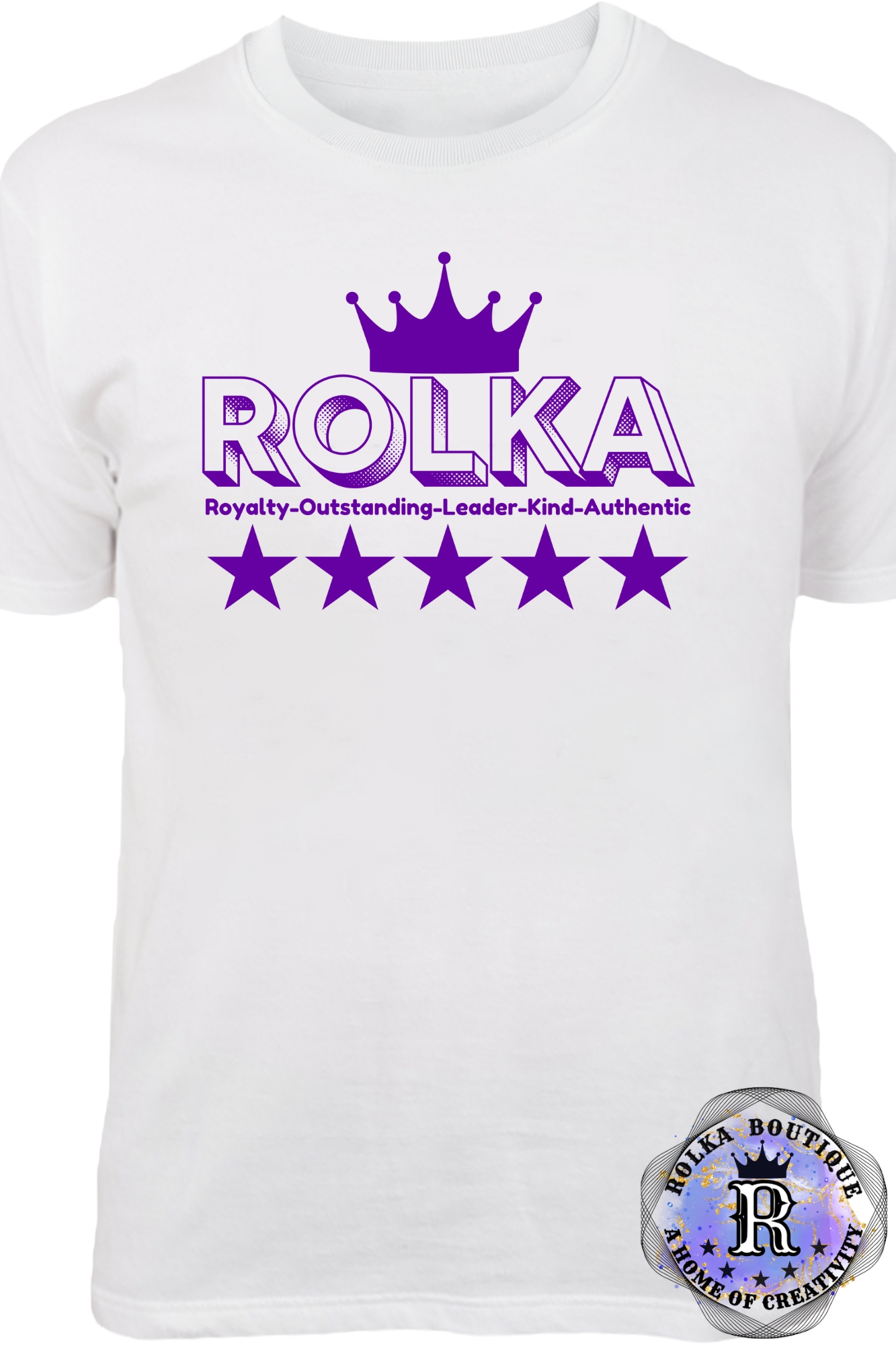 White t-shirt with purple 'ROLKA' logo and text on a white background